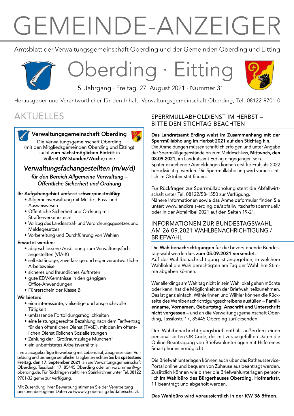 GEMEINDE-ANZEIGER Amtsblatt Der Verwaltungsgemeinschaft Oberding Und Der Gemeinden Oberding Und Eitting Oberding · Eitting 5