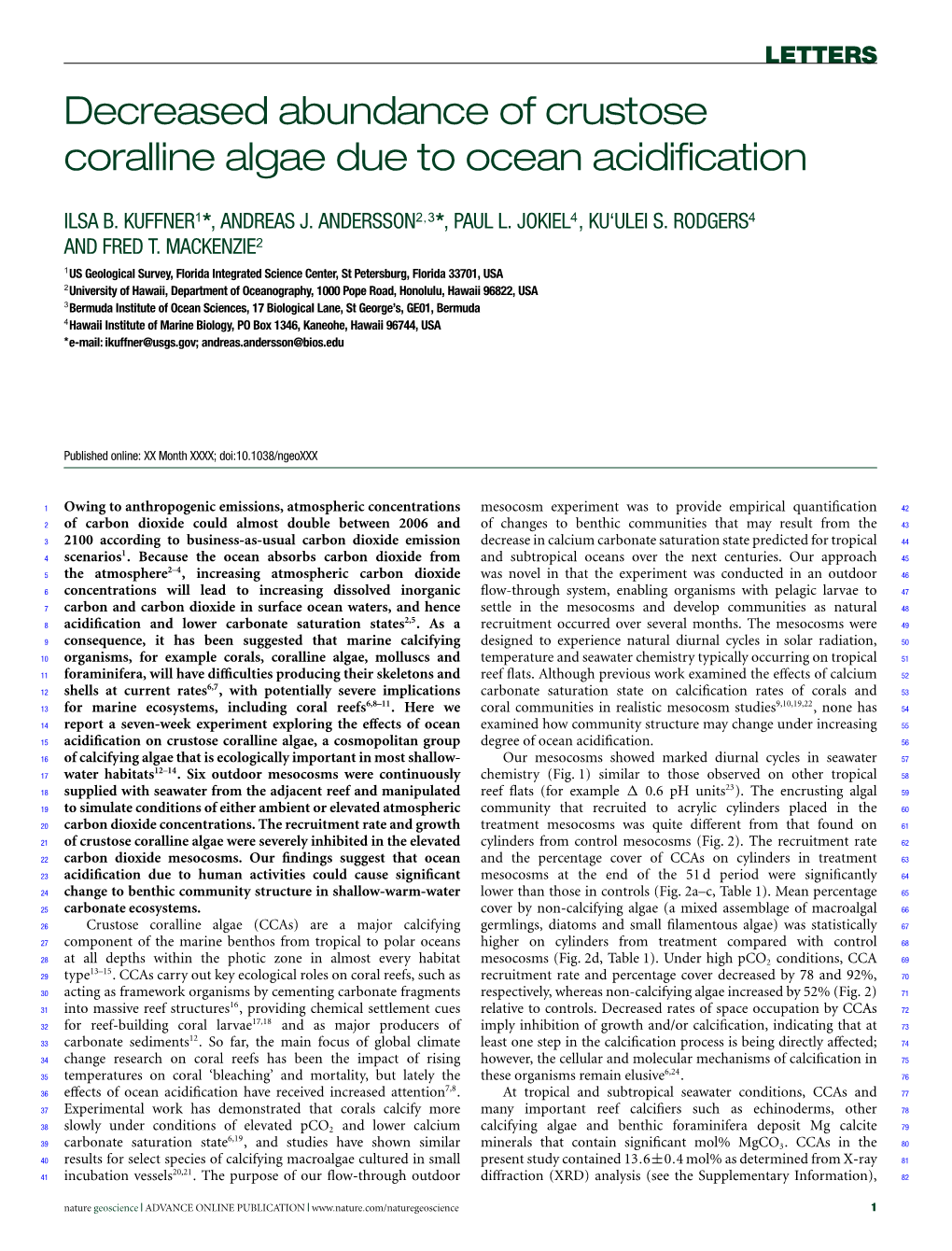 Decreased Abundance of Crustose Coralline Algae Due to Ocean Acidiﬁcation