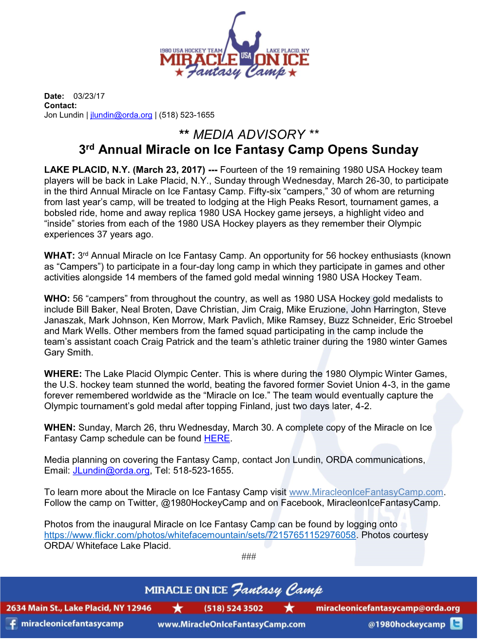 ** MEDIA ADVISORY ** 3Rd Annual Miracle on Ice Fantasy Camp Opens Sunday