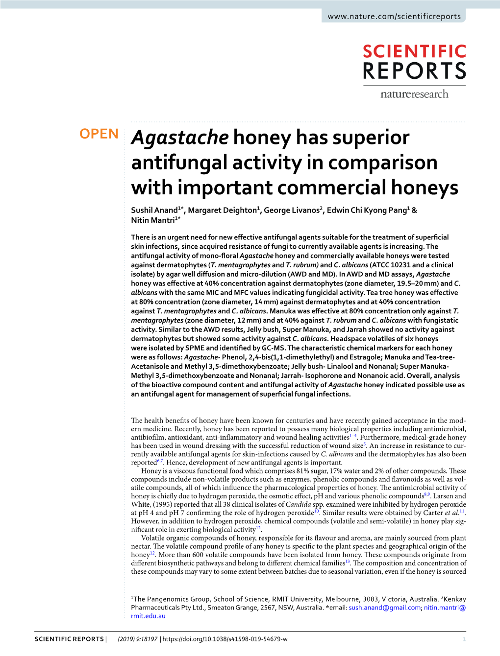 Agastache Honey Has Superior Antifungal Activity in Comparison