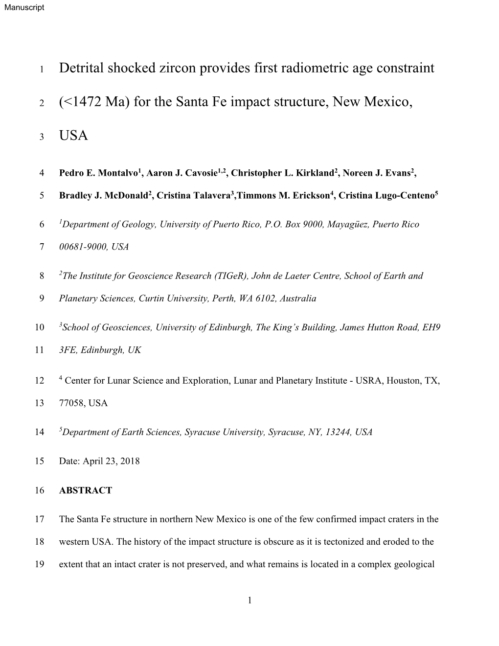 Detrital Shocked Zircon Provides First Radiometric Age Constraint (<1472 Ma) for the Santa Fe Impact Structure, New Mexico, U