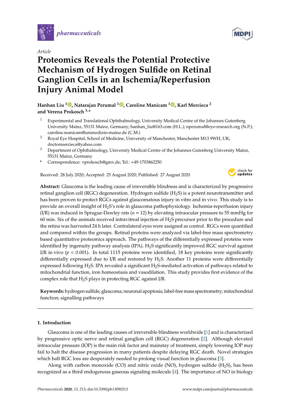 Proteomics Reveals the Potential Protective Mechanism of Hydrogen Sulﬁde on Retinal Ganglion Cells in an Ischemia/Reperfusion Injury Animal Model