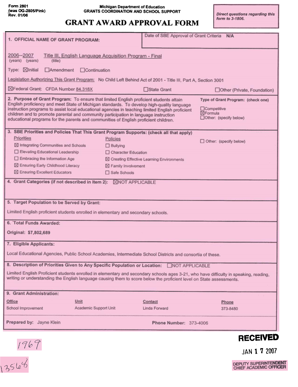 Grant Award Approval Form (Pink), Attachments,And Letters to the Grants Administration and Coordination Unit