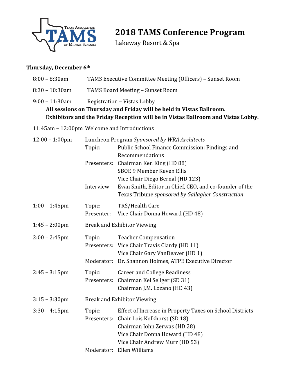 2018 TAMS Conference Program Lakeway Resort & Spa