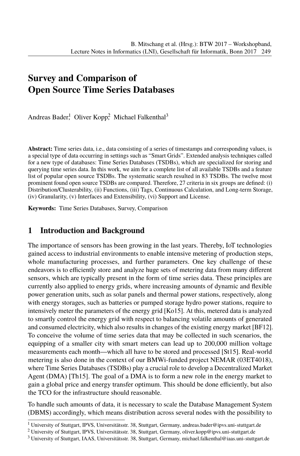 Survey and Comparison of Open Source Time Series Databases