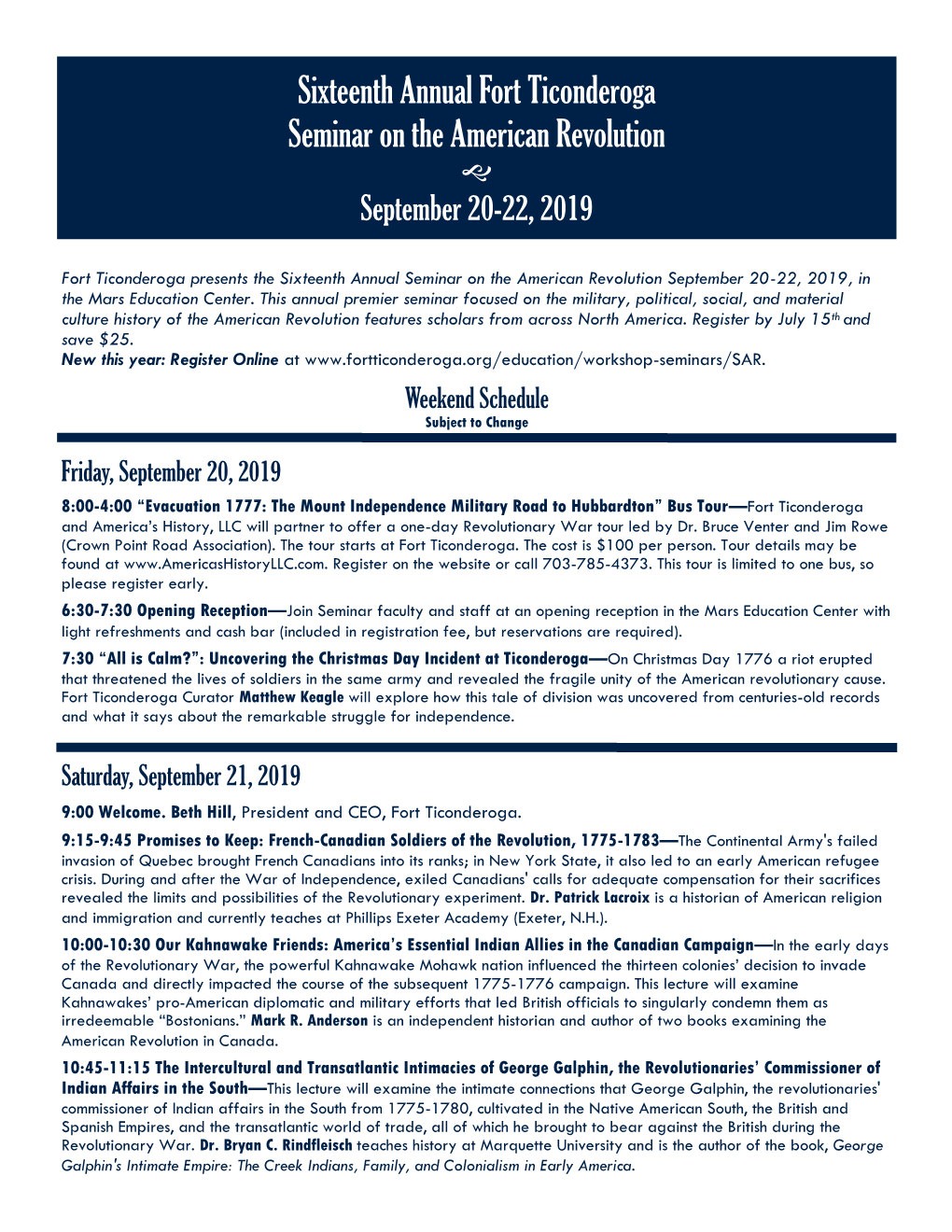 Sixteenth Annual Fort Ticonderoga Seminar on the American Revolution  September 20-22, 2019