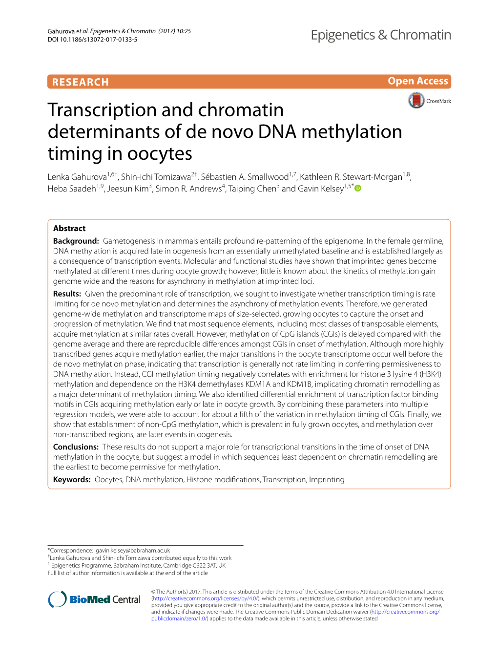 Transcription and Chromatin Determinants of De Novo DNA Methylation Timing in Oocytes Lenka Gahurova1,6†, Shin‑Ichi Tomizawa2†, Sébastien A