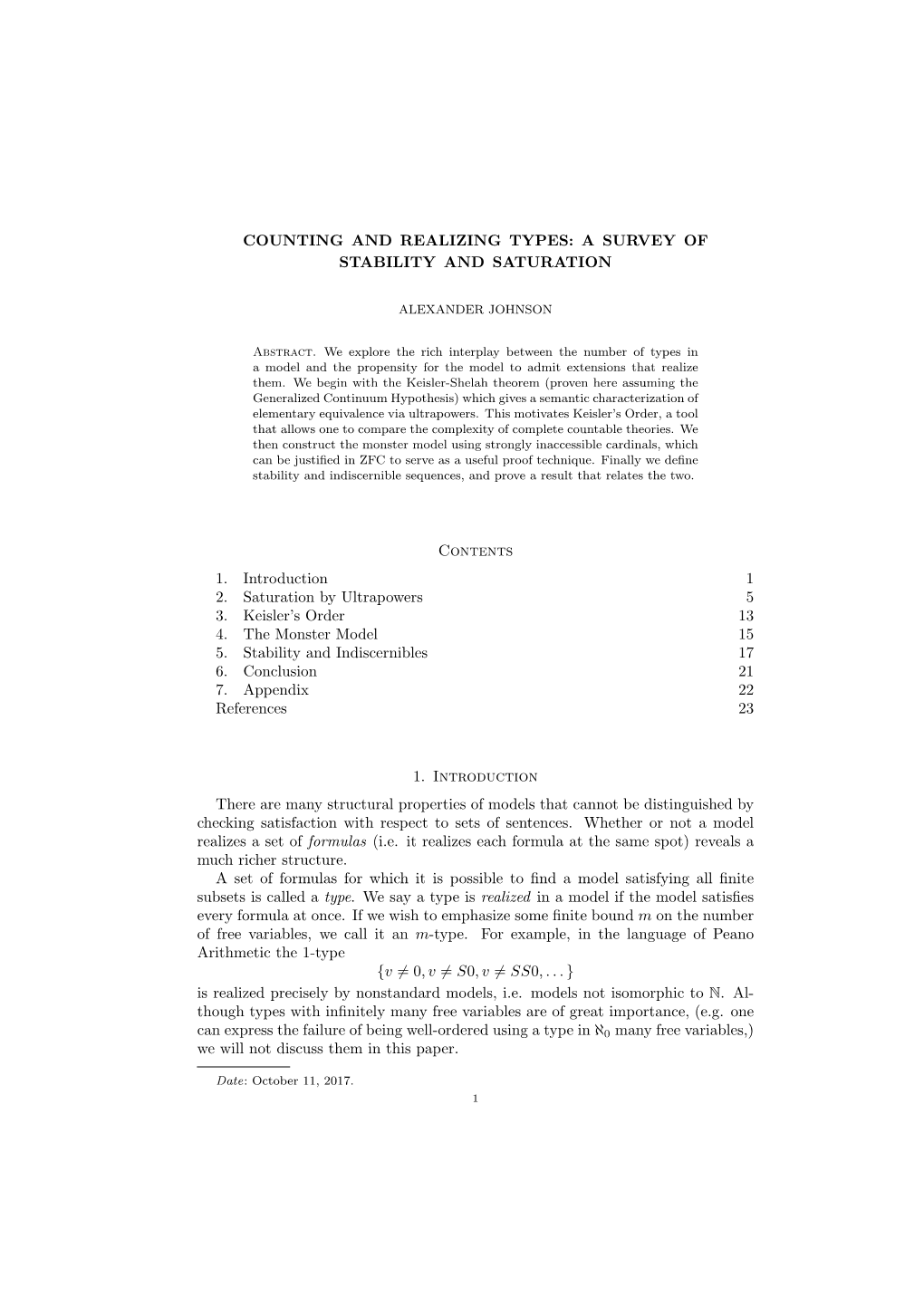 Counting and Realizing Types: a Survey of Stability and Saturation