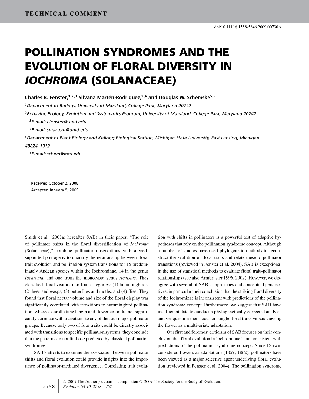 Pollination Syndromes and the Evolution of Floral Diversity in Iochroma (Solanaceae)