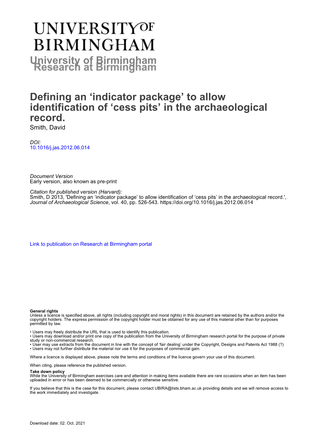 Defining an 'Indicator Package' to Allow Identification of 'Cess Pits'