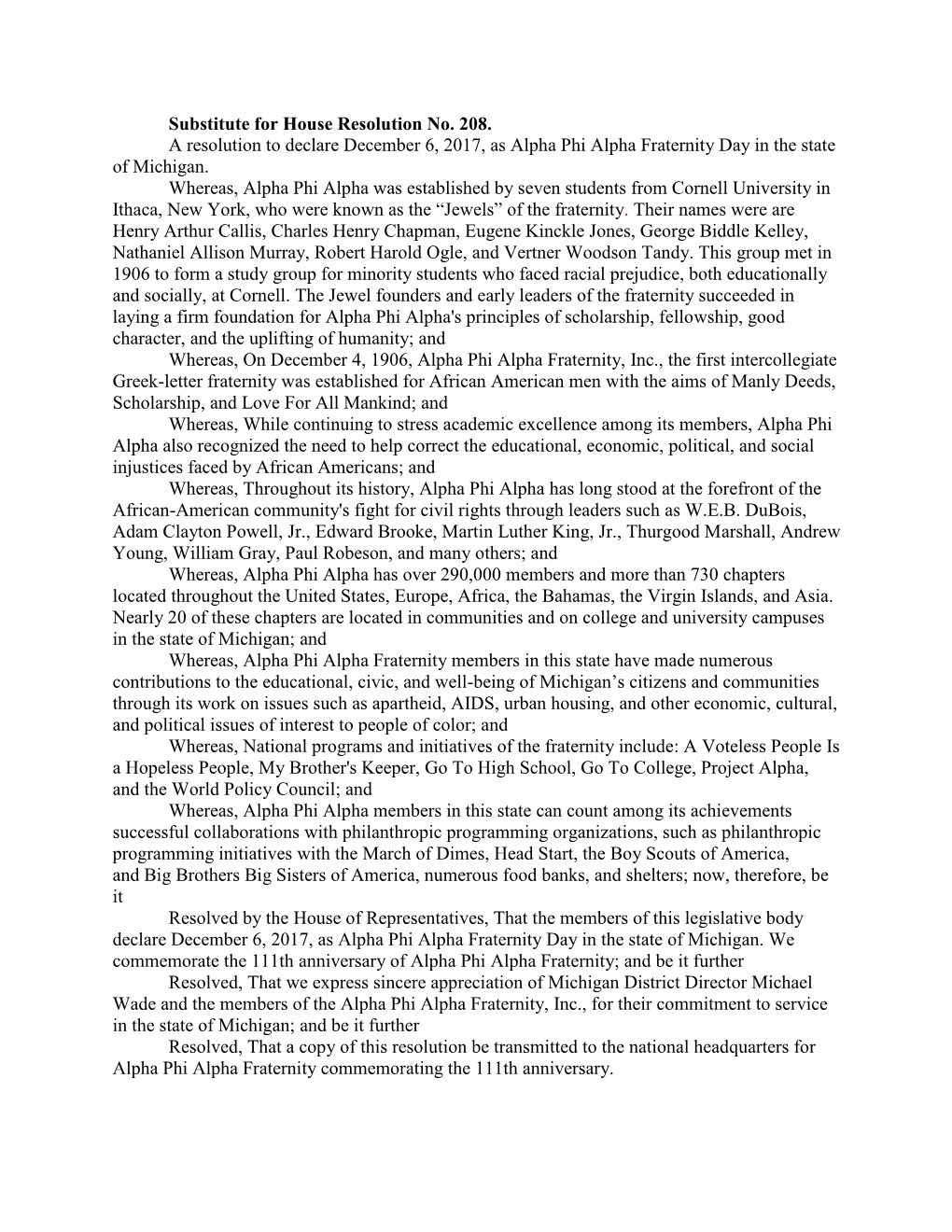 Substitute for House Resolution No. 208. a Resolution to Declare December 6, 2017, As Alpha Phi Alpha Fraternity Day in the State of Michigan