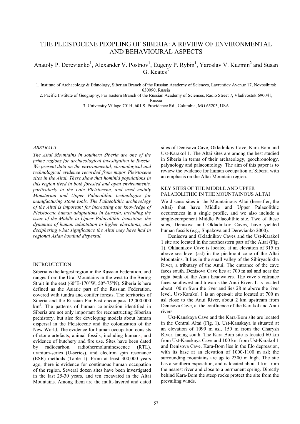 The Pleistocene Peopling of Siberia: a Review of Environmental and Behavioural Aspects