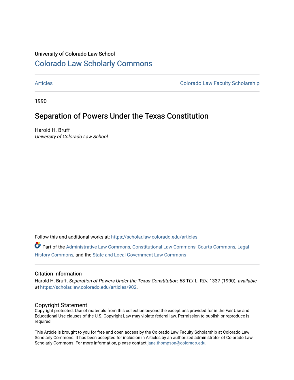 Separation of Powers Under the Texas Constitution