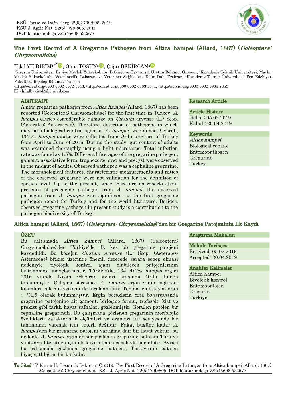 The First Record of a Gregarine Pathogen from Altica Hampei (Allard, 1867) (Coleoptera: Chrysomelidae)