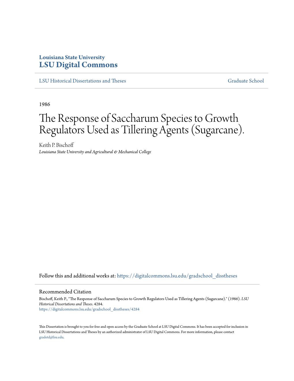 The Response of Saccharum Species to Growth Regulators Used As Tillering Agents (Sugarcane). Keith P