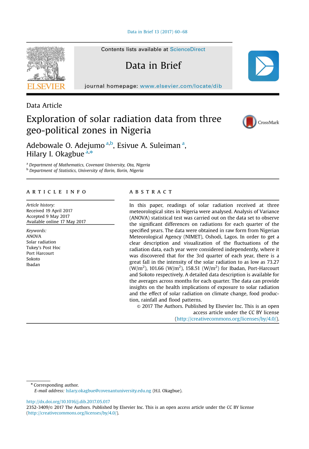 Exploration of Solar Radiation Data from Three Geo-Political Zones in Nigeria
