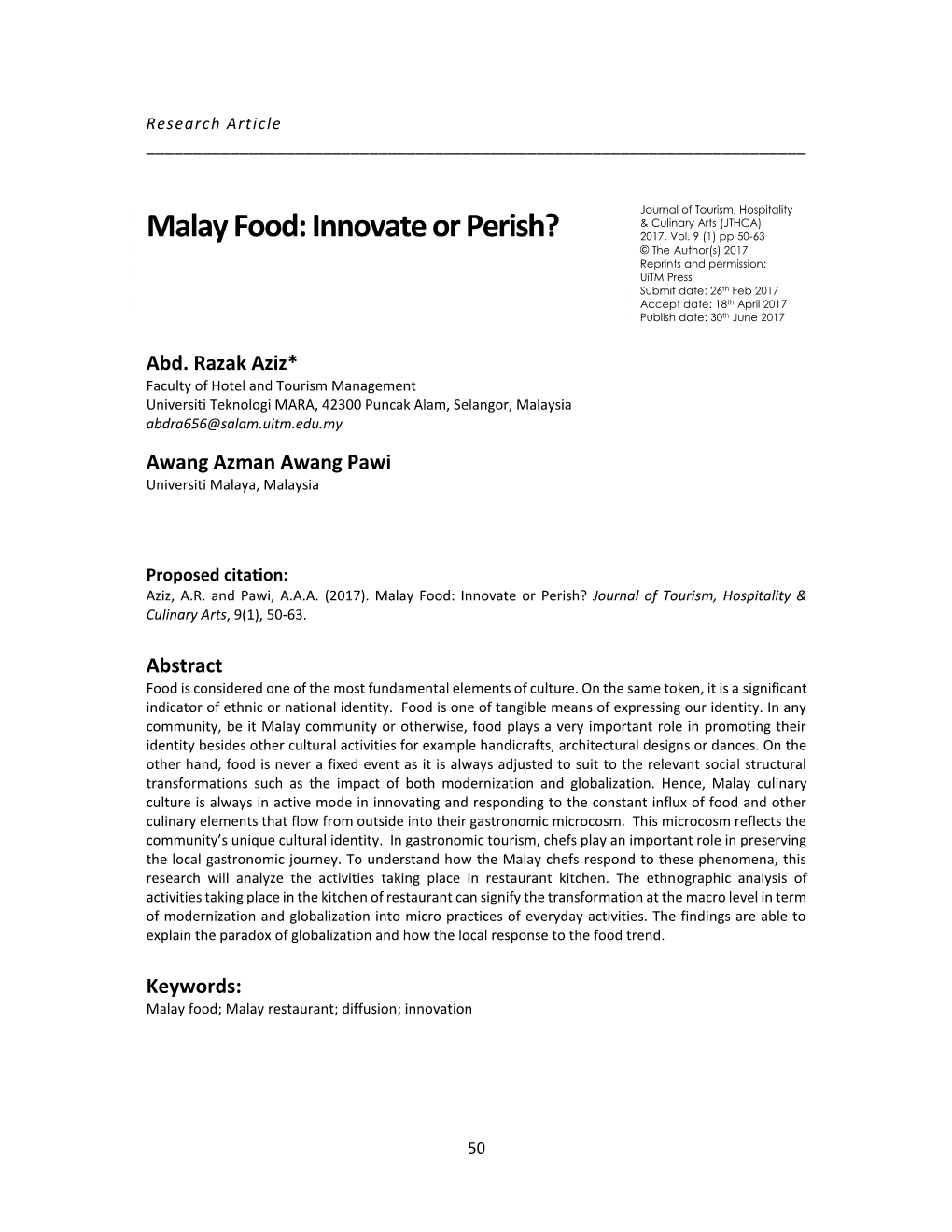 Malay Food: Innovate Or Perish? 2017, Vol