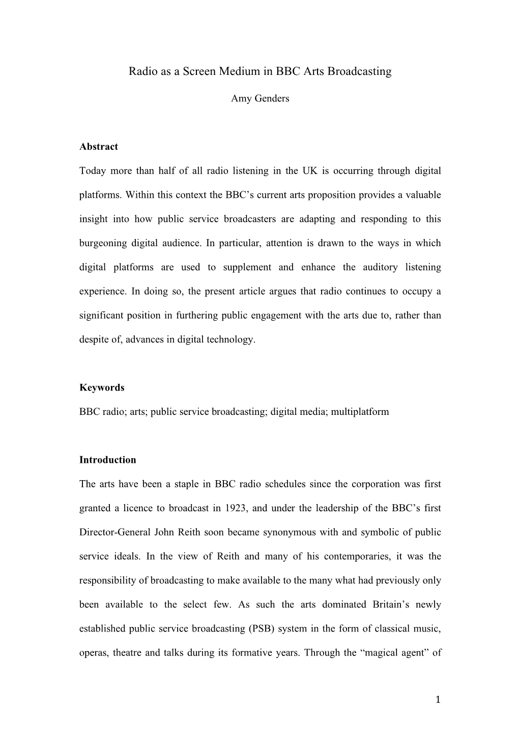 Radio As a Screen Medium in BBC Arts Broadcasting