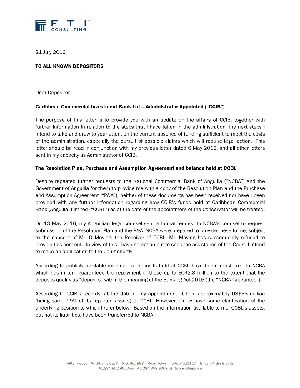 160721 Letter to Depositors CCIB