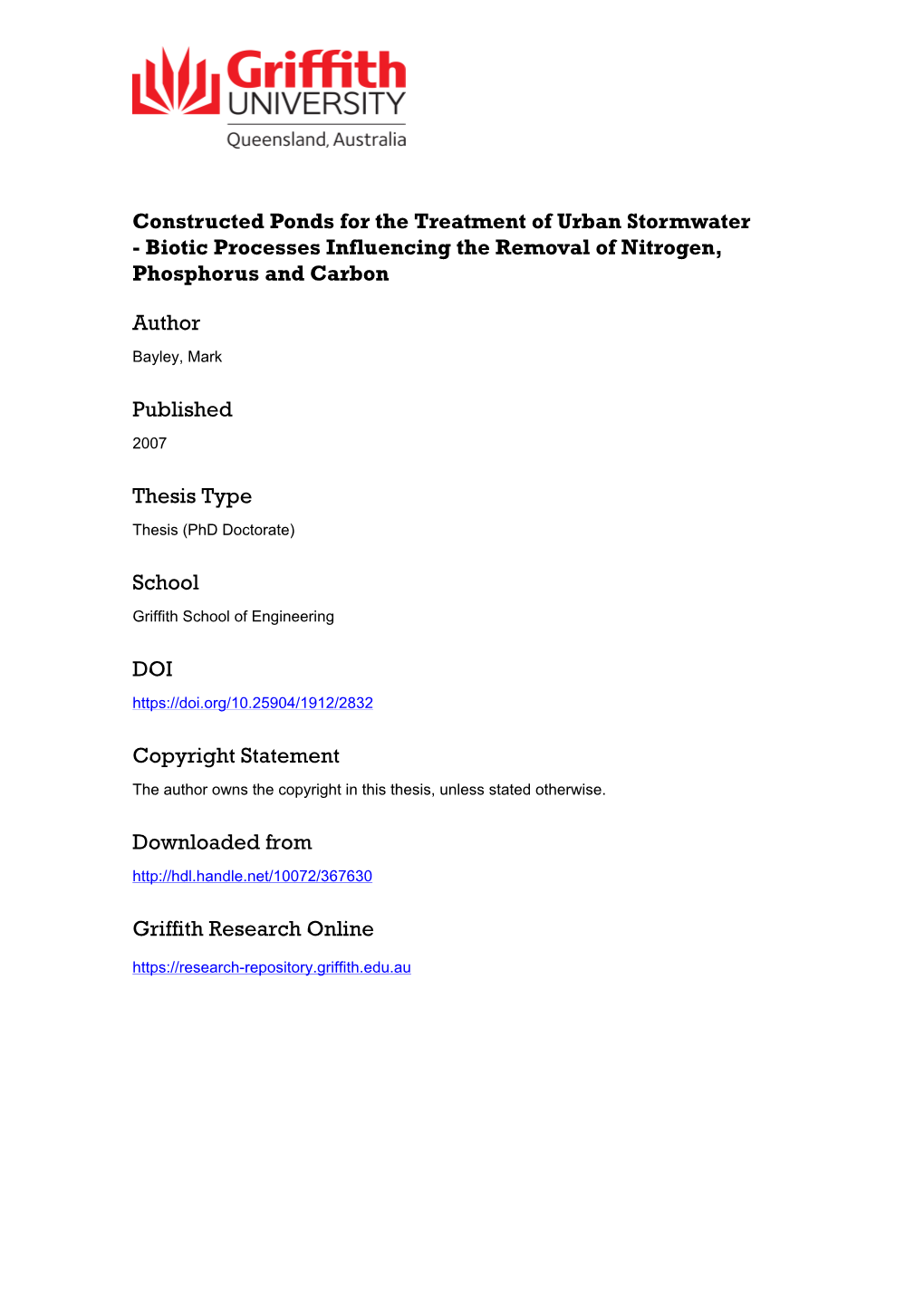 Constructed Ponds for the Treatment of Urban Stormwater – Biotic Processes Influencing the Removal of Nitrogen, Phosphorus, and Carbon