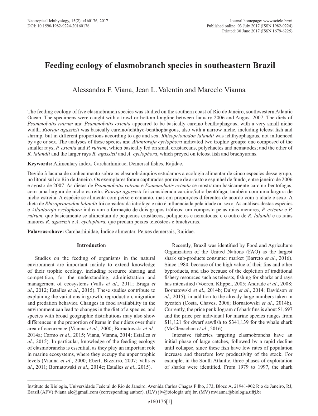 Feeding Ecology of Elasmobranch Species in Southeastern Brazil