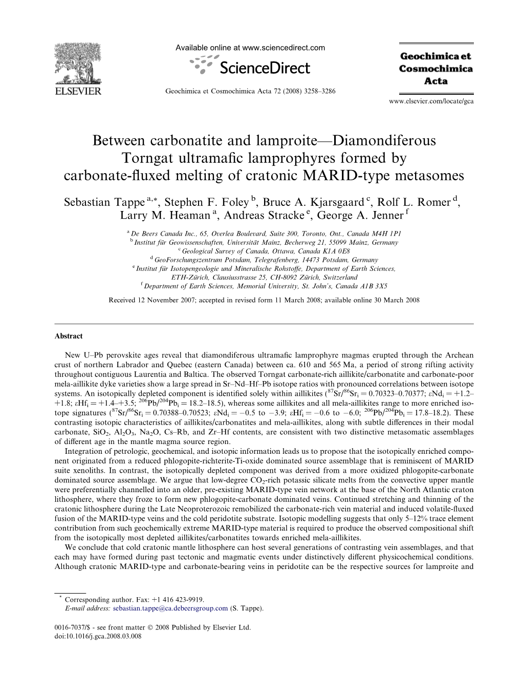 Between Carbonatite and Lamproite—Diamondiferous Torngat Ultramaﬁc Lamprophyres Formed by Carbonate-ﬂuxed Melting of Cratonic MARID-Type Metasomes