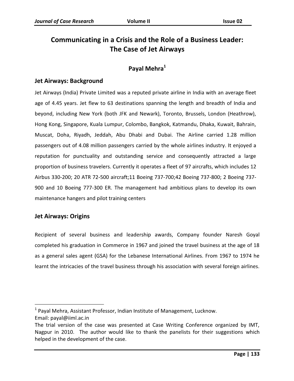 Communicating in a Crisis: the Case of Jet Airways