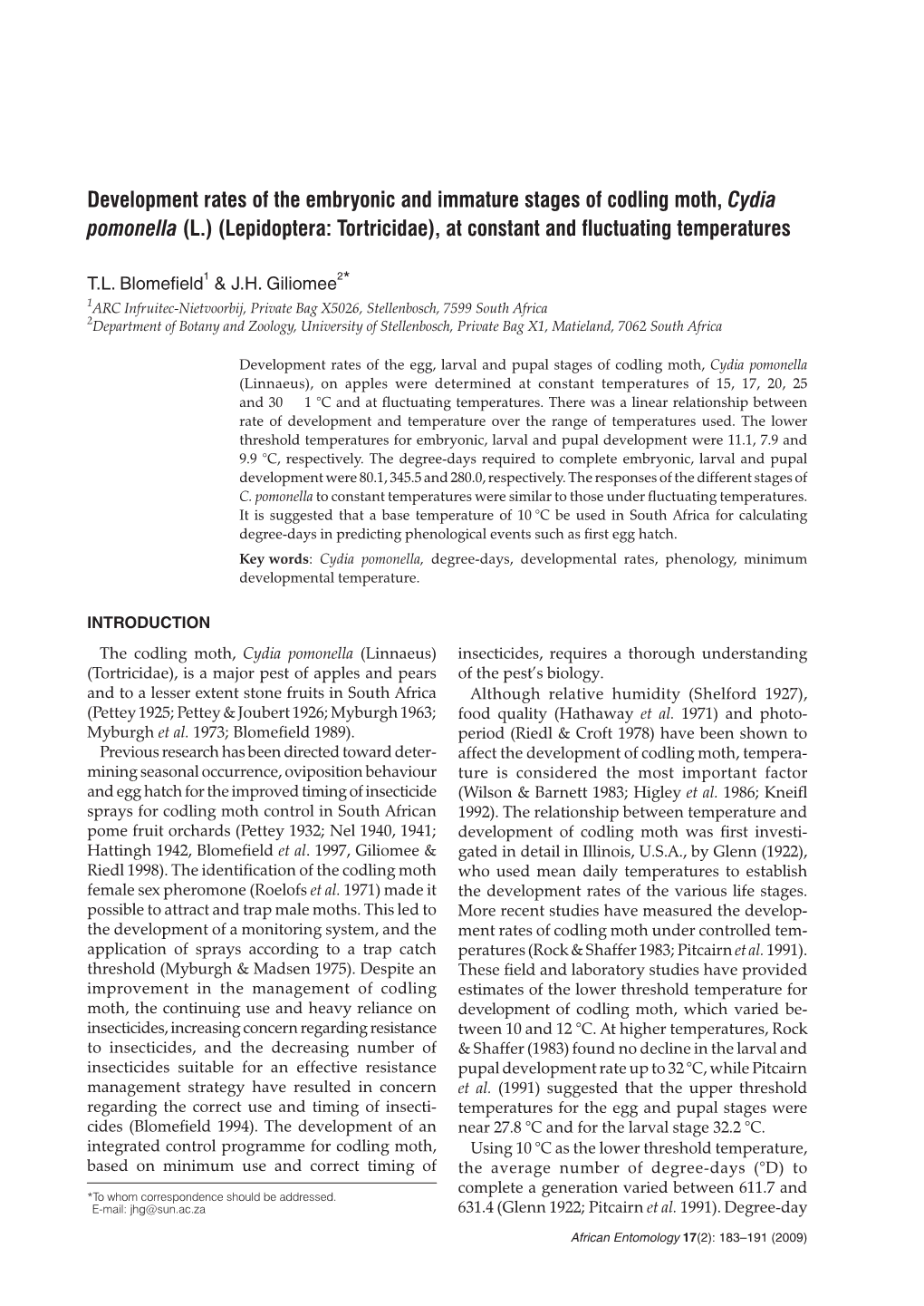 Development Rates of the Embryonic and Immature Stages of Codling Moth, Cydia Pomonella (L.) (Lepidoptera: Tortricidae), at Constant and Fluctuating Temperatures