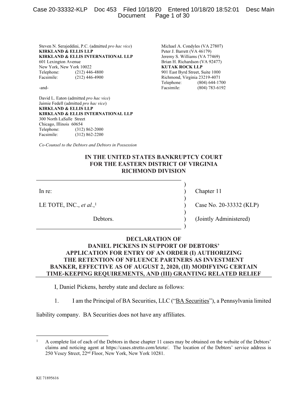 Case 20-33332-KLP Doc 453 Filed 10/18/20 Entered 10/18/20 18:52:01 Desc Main Document Page 1 of 30