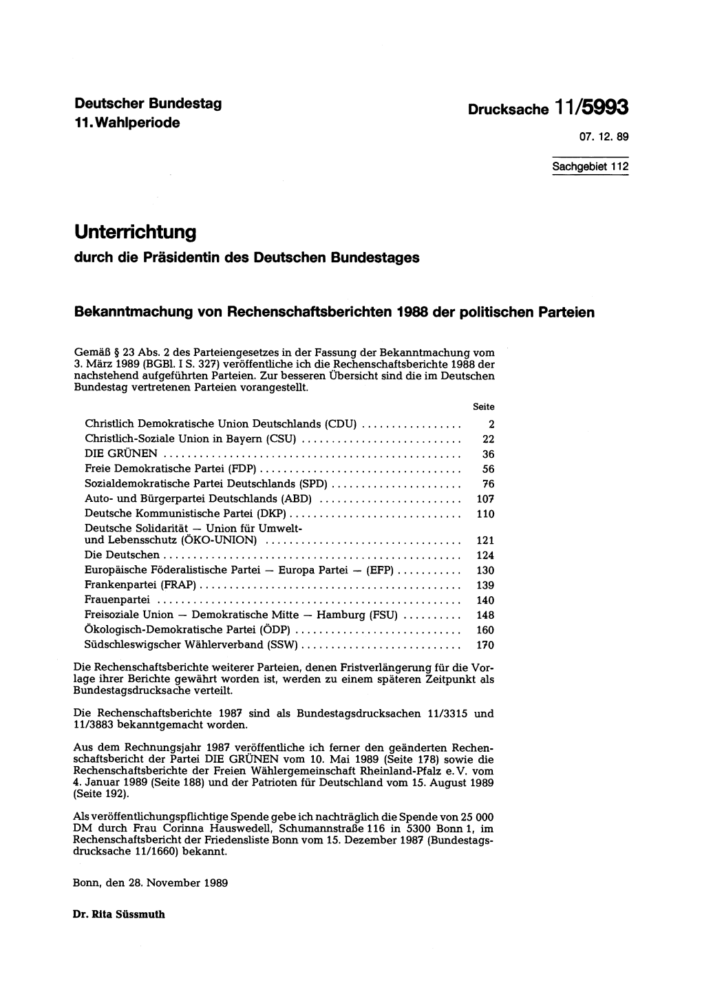 Unterrichtung Durch Die Präsidentin Des Deutschen Bundestages