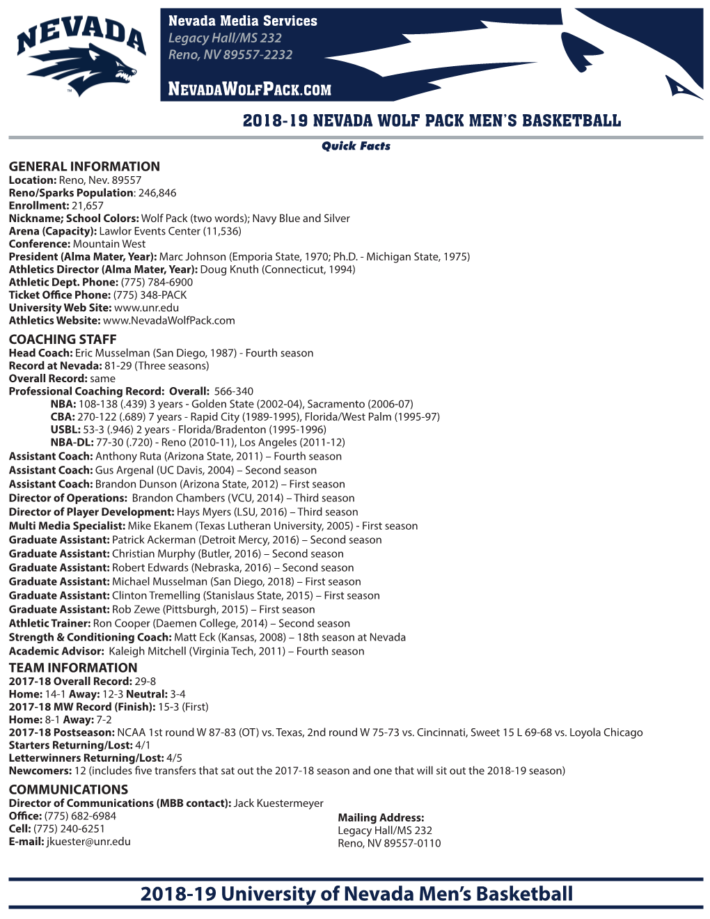 2018-19 University of Nevada Men's Basketball