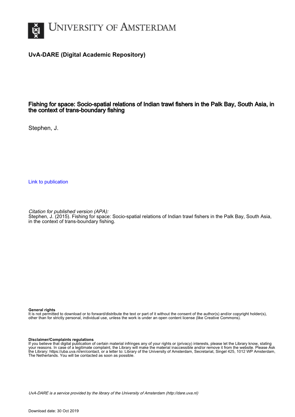 Fishing for Space: Socio-Spatial Relations of Indian Trawl Fishers in the Palk Bay, South Asia, in the Context of Trans-Boundary Fishing