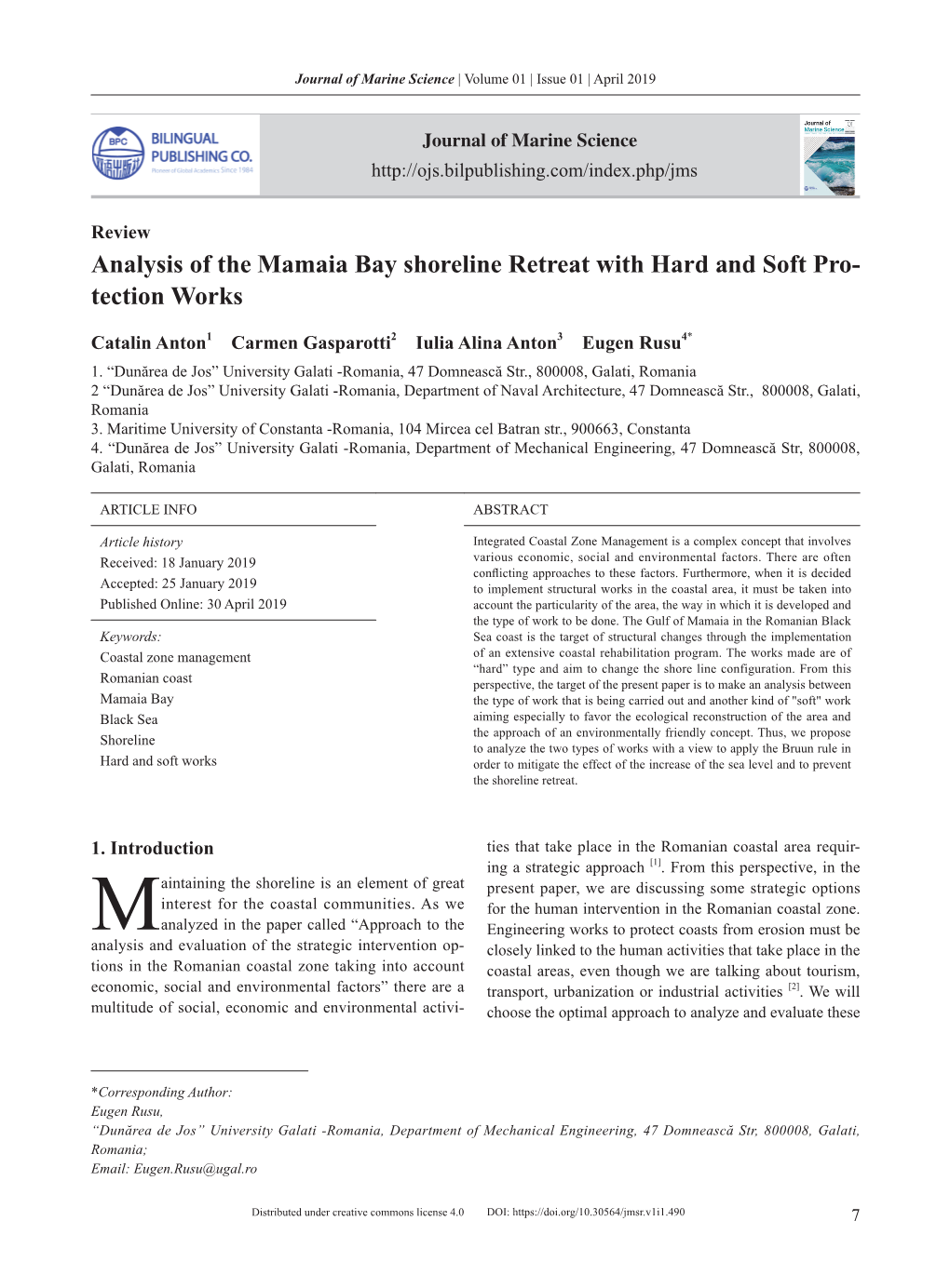 Analysis of the Mamaia Bay Shoreline Retreat with Hard and Soft Pro- Tection Works