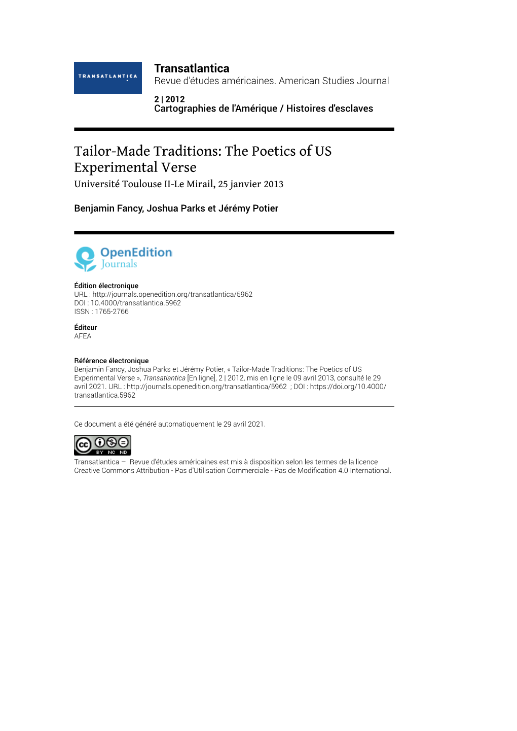 Transatlantica, 2 | 2012 Tailor-Made Traditions: the Poetics of US Experimental Verse 2