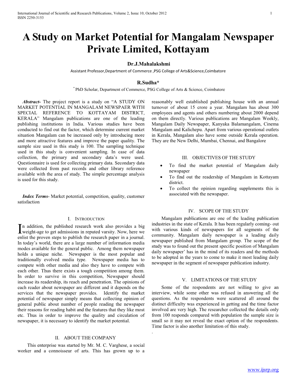A Study on Market Potential for Mangalam Newspaper Private Limited, Kottayam