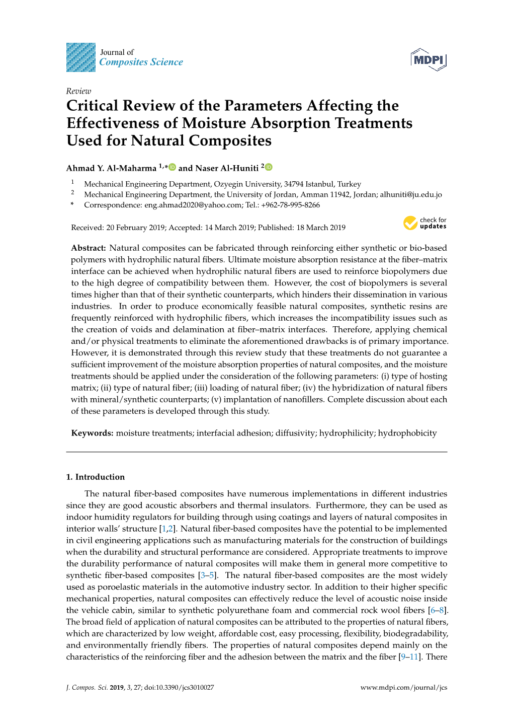 Critical Review of the Parameters Affecting the Effectiveness of Moisture Absorption Treatments Used for Natural Composites
