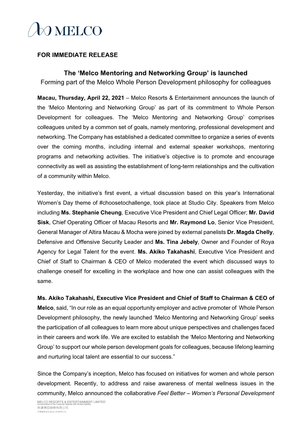 Melco Mentoring and Networking Group’ Is Launched Forming Part of the Melco Whole Person Development Philosophy for Colleagues