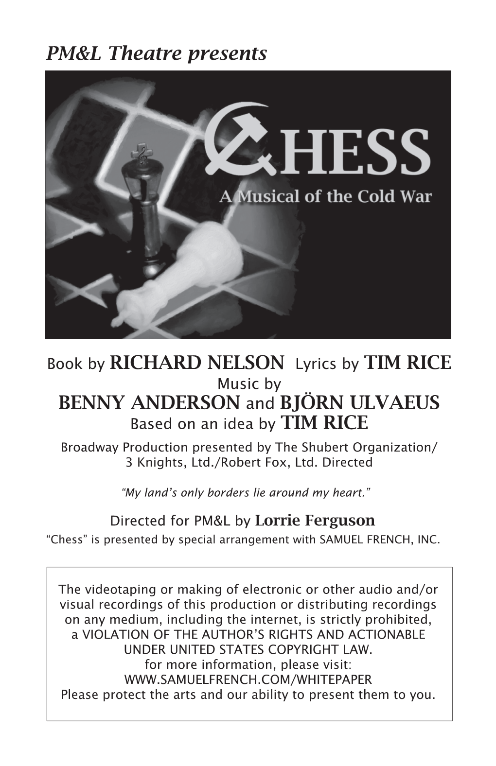PM&L Theatre Presents Book by RICHARD NELSON Lyrics by TIM