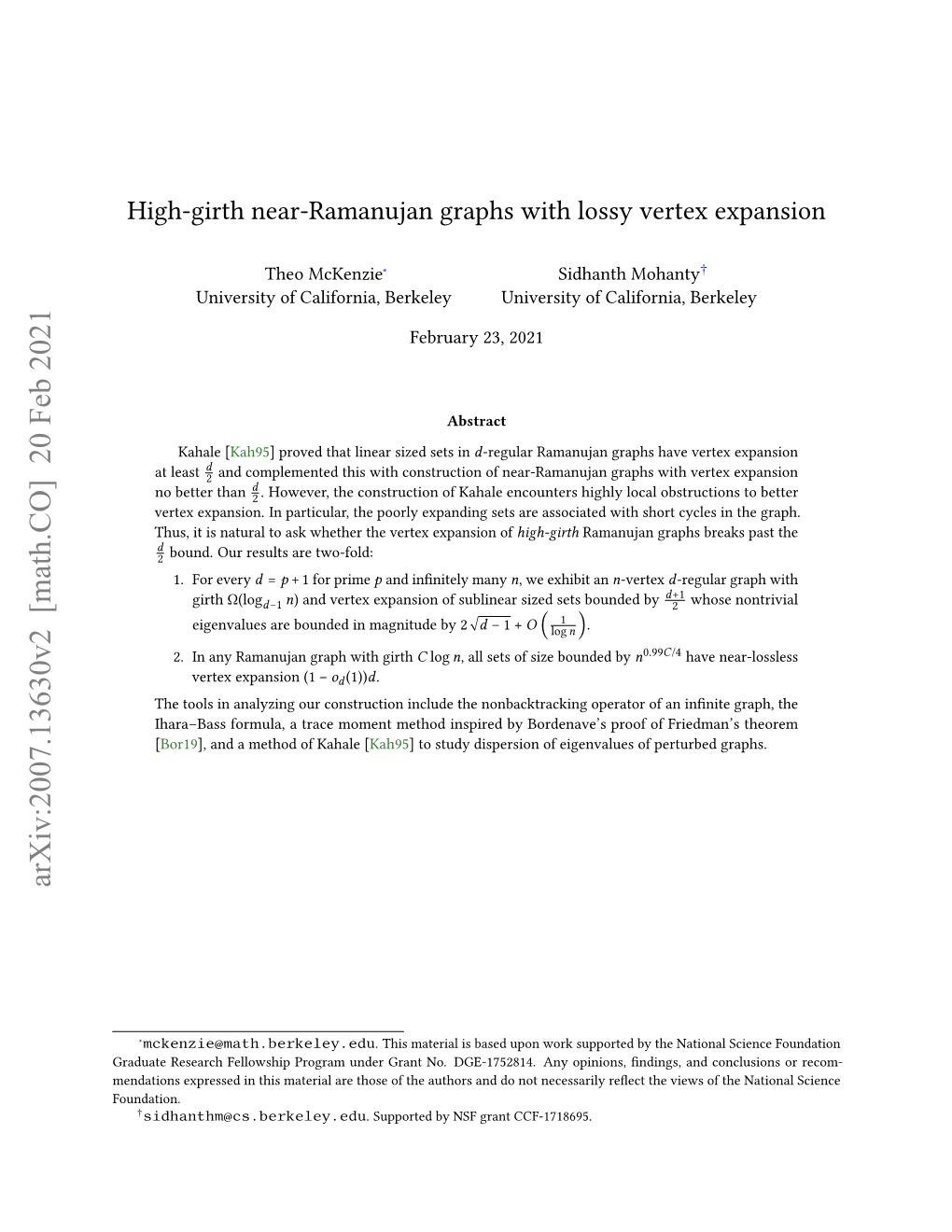 Arxiv:2007.13630V2 [Math.CO] 20 Feb 2021