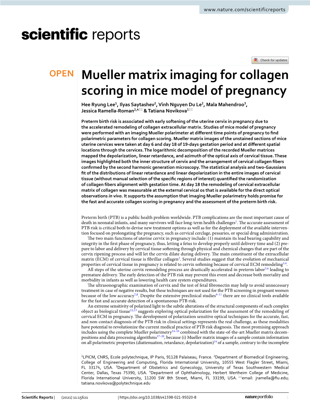 Mueller Matrix Imaging for Collagen Scoring in Mice Model of Pregnancy