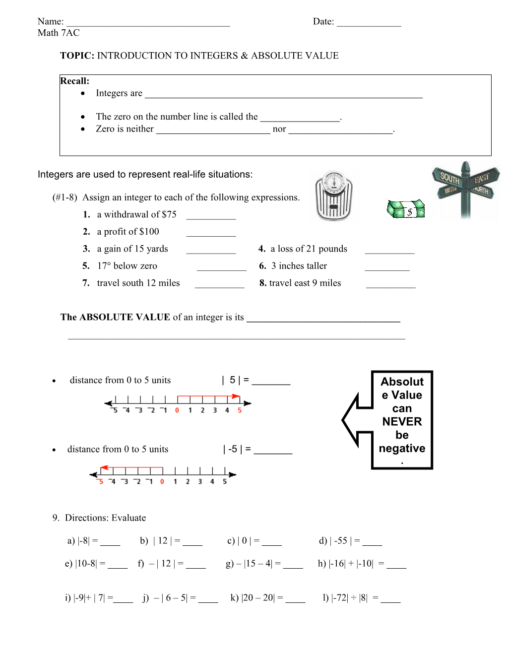 Topic: Introduction to Integers& Absolute Value