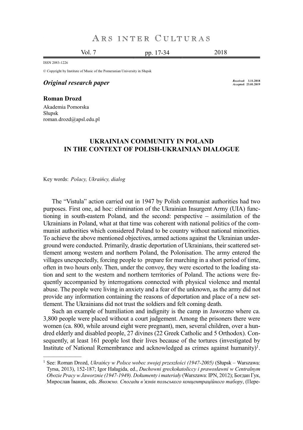 Original Research Paper UKRAINIAN COMMUNITY in POLAND in THE