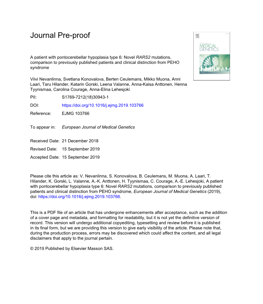 A Patient with Pontocerebellar Hypoplasia Type 6: Novel RARS2 Mutations, Comparison to Previously Published Patients and Clinical Distinction from PEHO Syndrome