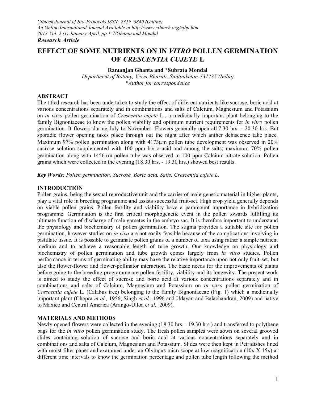 Effect of Some Nutrients on in Vitro Pollen Germination of Crescentia Cujete L