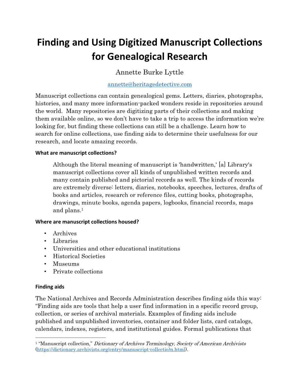 Finding and Using Digitized Manuscript Collections for Genealogical