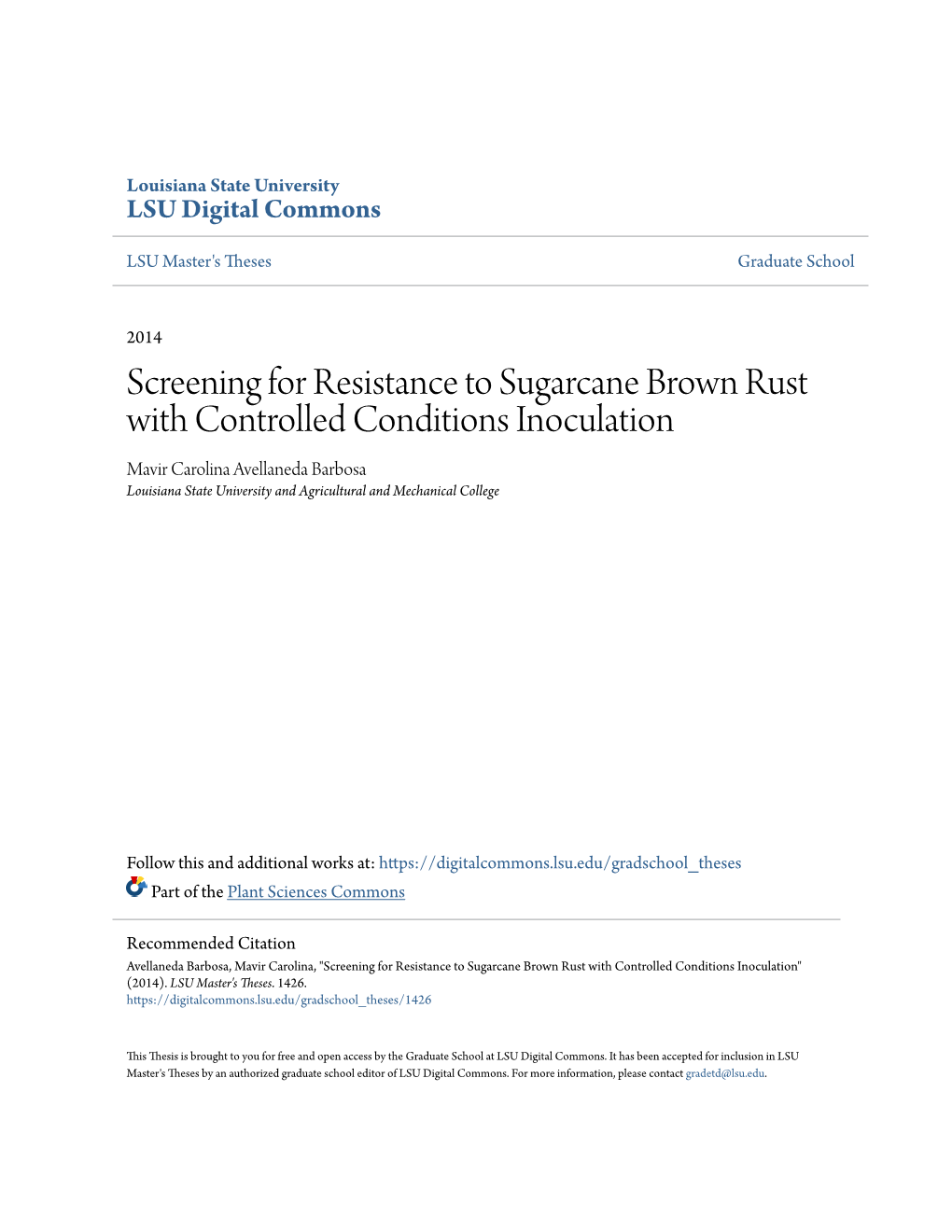 Screening for Resistance to Sugarcane Brown Rust With