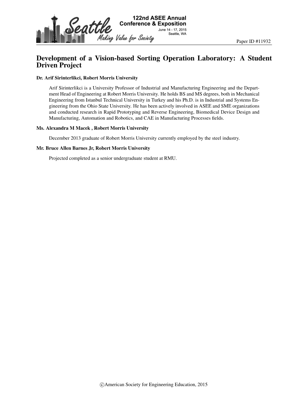 Development of a Vision-Based Sorting Operation Laboratory: a Student Driven Project