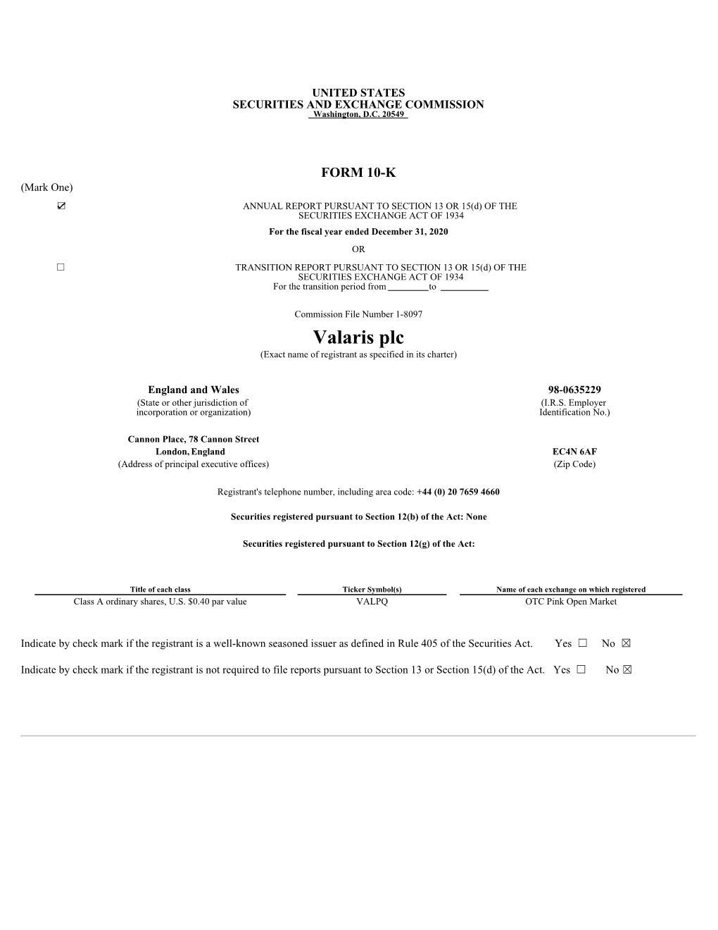 Valaris Plc (Exact Name of Registrant As Specified in Its Charter)