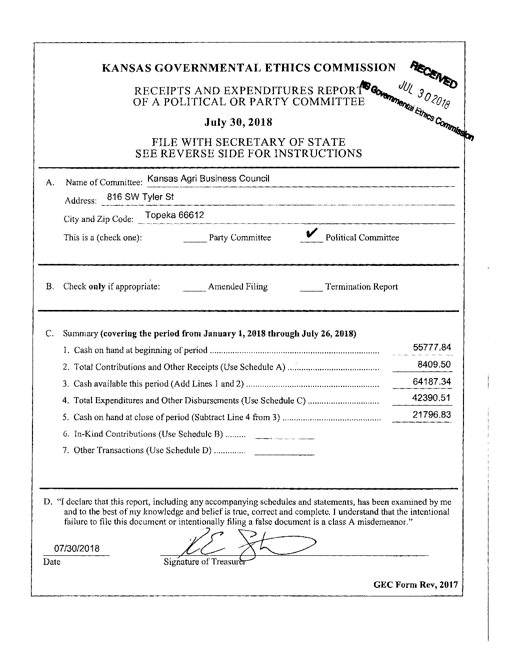 KANSAS GOVERNMENTAL ETHICS COMMISSION ' RECEIPTS and EXPENDITURES Reporf'i~Clut Jo' of a POLITICAL OR PARTY COMMITTEE July