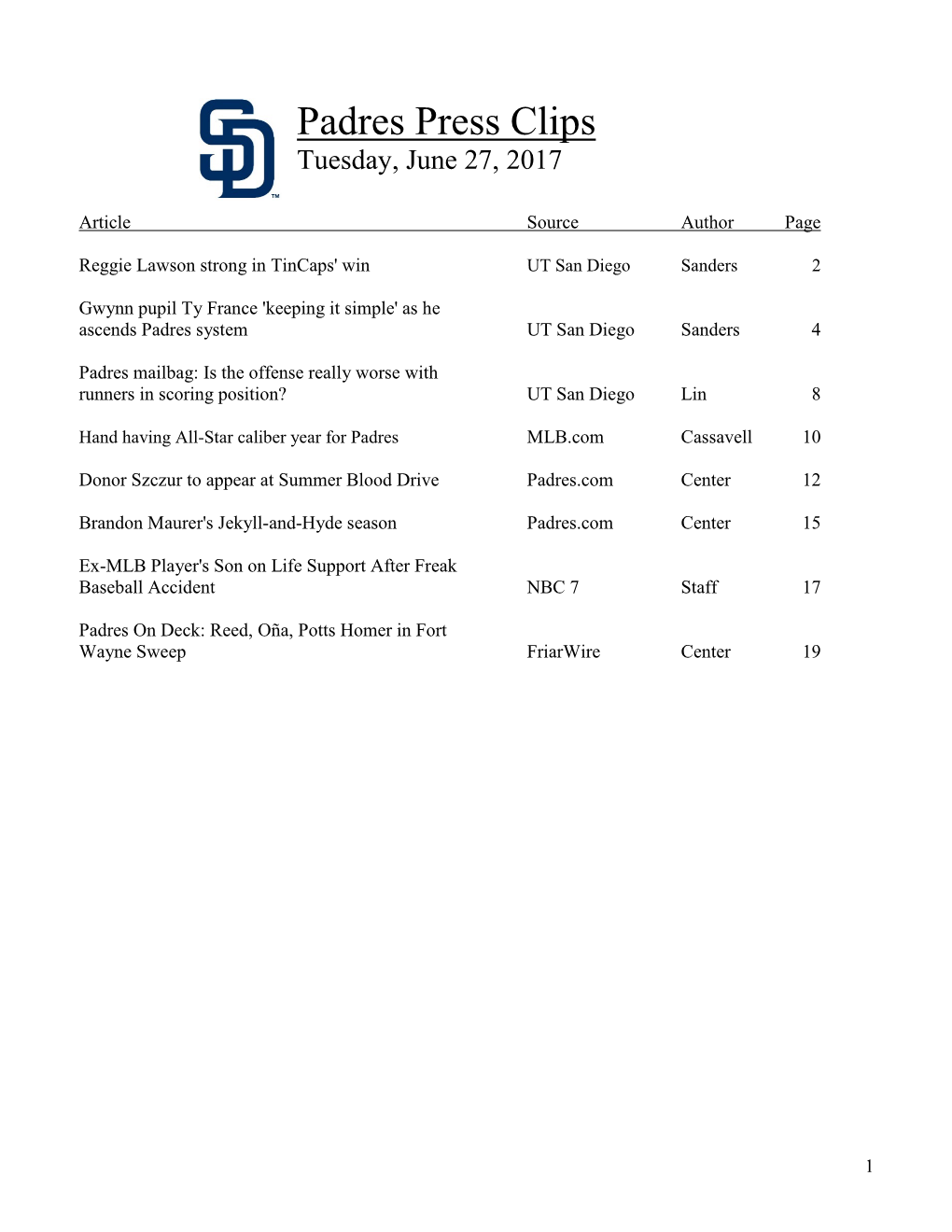 Padres Press Clips Tuesday, June 27, 2017